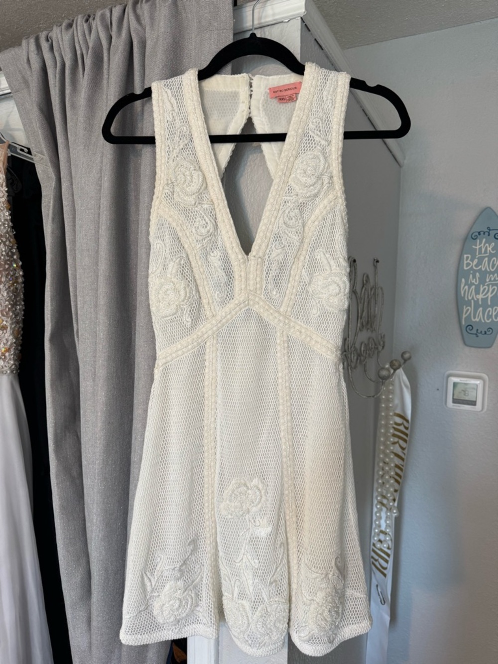 NWOT | Anthropologie Not So Serious Beaded White Deep V-Neck Mini Dress XXS - Picture 2 of 10